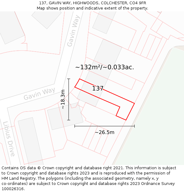137, GAVIN WAY, HIGHWOODS, COLCHESTER, CO4 9FR: Plot and title map