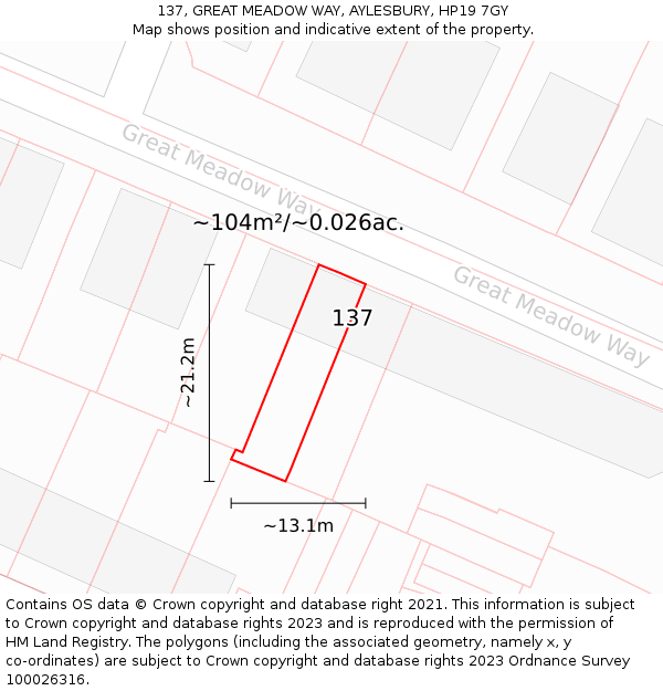 137, GREAT MEADOW WAY, AYLESBURY, HP19 7GY: Plot and title map