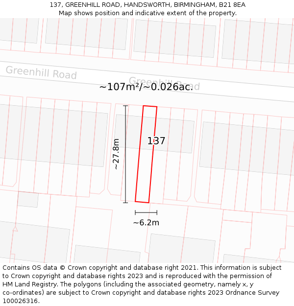 137, GREENHILL ROAD, HANDSWORTH, BIRMINGHAM, B21 8EA: Plot and title map