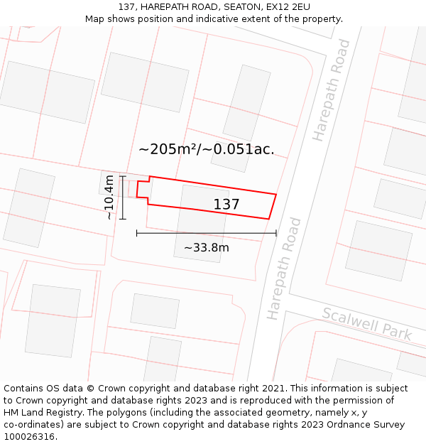 137, HAREPATH ROAD, SEATON, EX12 2EU: Plot and title map