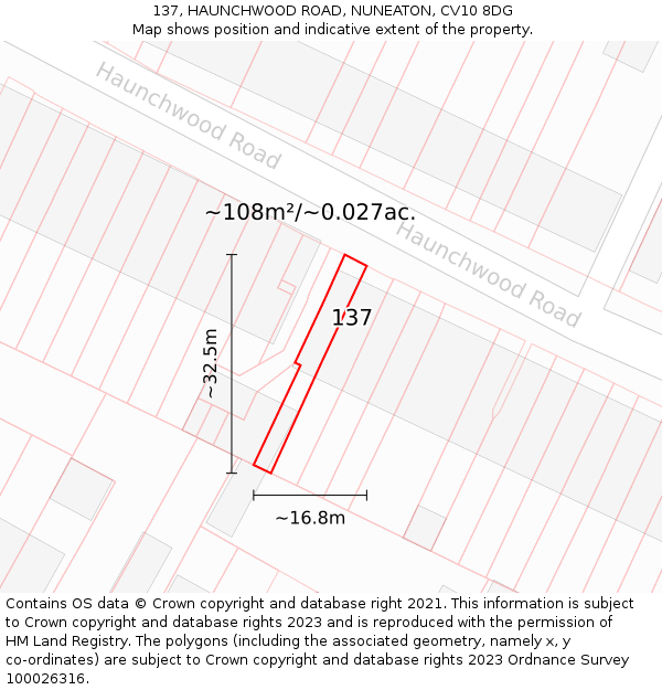 137, HAUNCHWOOD ROAD, NUNEATON, CV10 8DG: Plot and title map