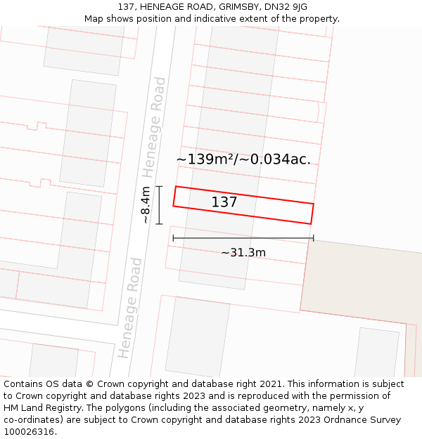 137, HENEAGE ROAD, GRIMSBY, DN32 9JG: Plot and title map