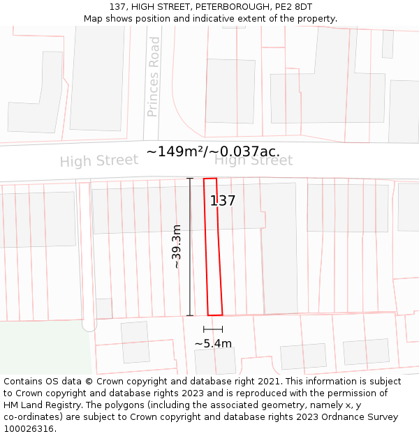 137, HIGH STREET, PETERBOROUGH, PE2 8DT: Plot and title map