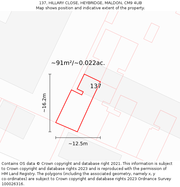 137, HILLARY CLOSE, HEYBRIDGE, MALDON, CM9 4UB: Plot and title map