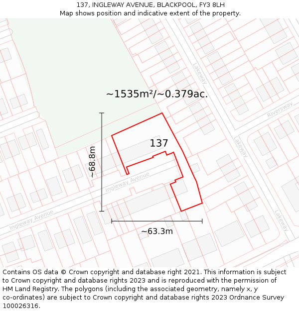 137, INGLEWAY AVENUE, BLACKPOOL, FY3 8LH: Plot and title map