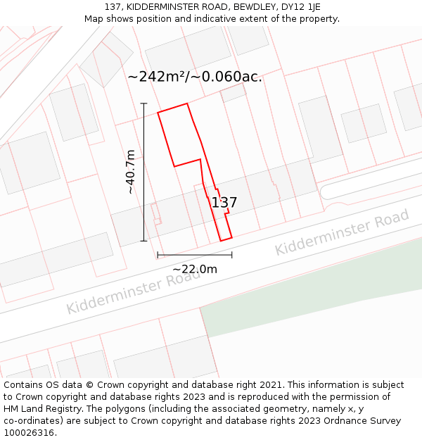 137, KIDDERMINSTER ROAD, BEWDLEY, DY12 1JE: Plot and title map