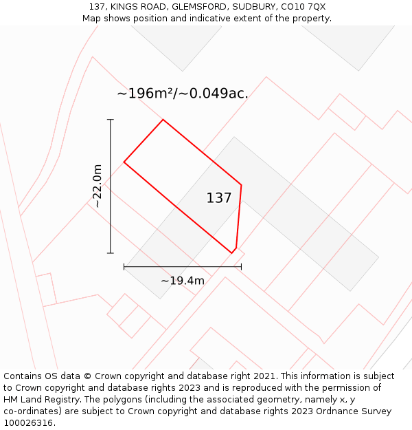 137, KINGS ROAD, GLEMSFORD, SUDBURY, CO10 7QX: Plot and title map