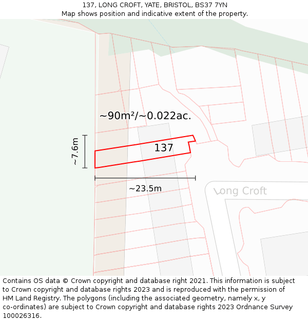 137, LONG CROFT, YATE, BRISTOL, BS37 7YN: Plot and title map