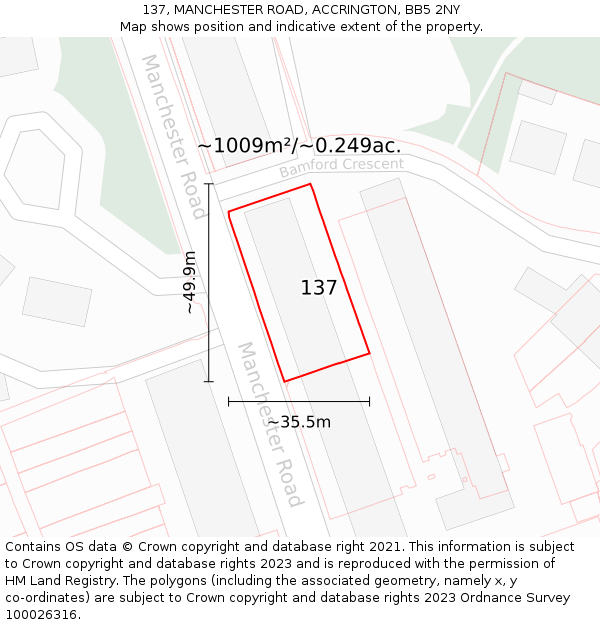 137, MANCHESTER ROAD, ACCRINGTON, BB5 2NY: Plot and title map
