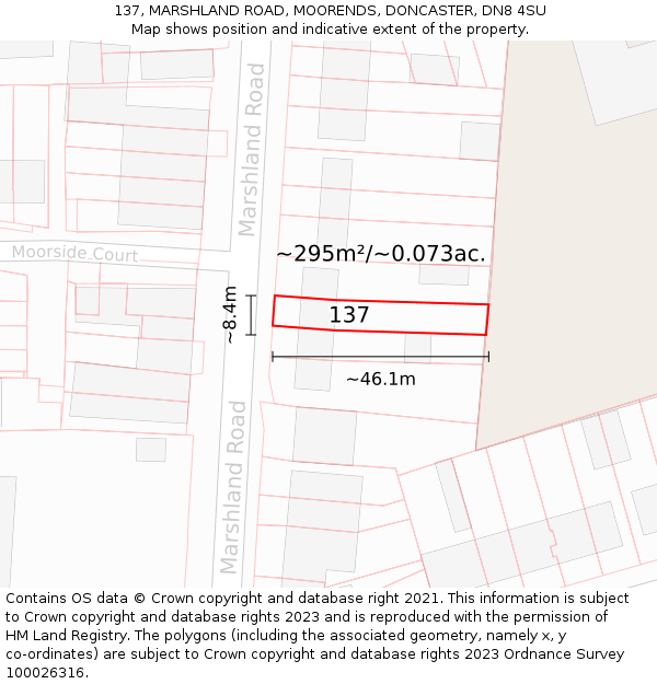 137, MARSHLAND ROAD, MOORENDS, DONCASTER, DN8 4SU: Plot and title map