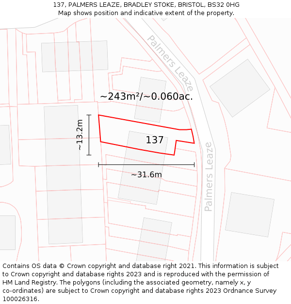 137, PALMERS LEAZE, BRADLEY STOKE, BRISTOL, BS32 0HG: Plot and title map