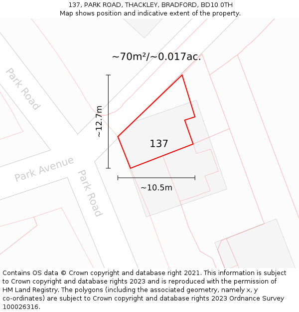 137, PARK ROAD, THACKLEY, BRADFORD, BD10 0TH: Plot and title map