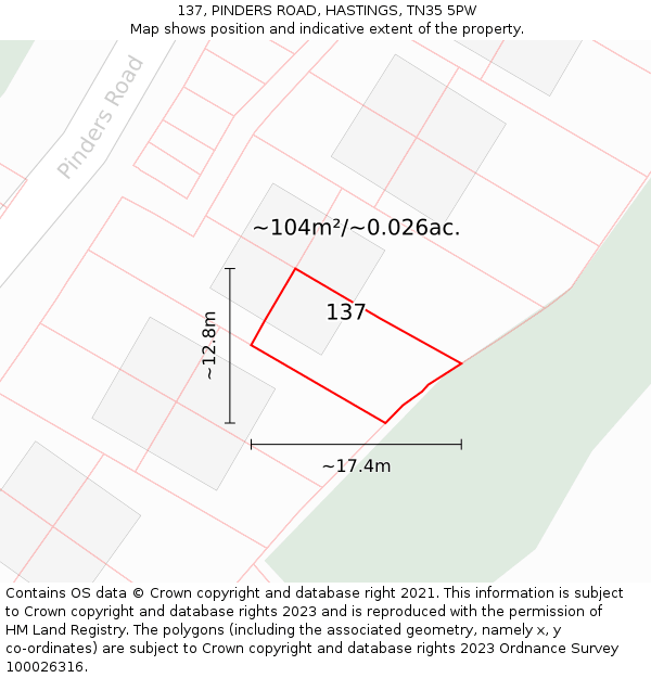 137, PINDERS ROAD, HASTINGS, TN35 5PW: Plot and title map