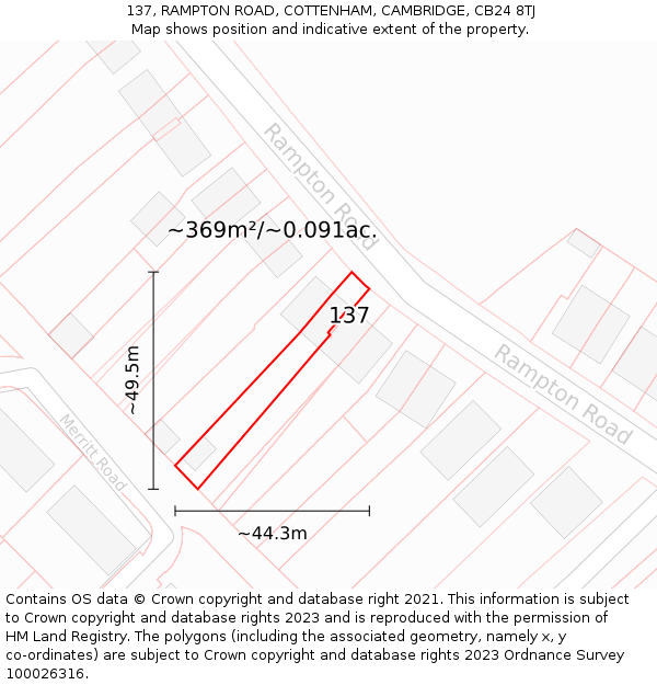 137, RAMPTON ROAD, COTTENHAM, CAMBRIDGE, CB24 8TJ: Plot and title map