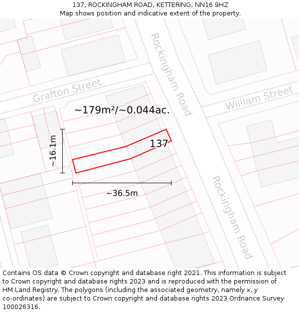 137, ROCKINGHAM ROAD, KETTERING, NN16 9HZ: Plot and title map
