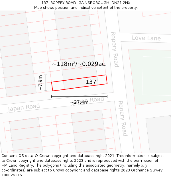 137, ROPERY ROAD, GAINSBOROUGH, DN21 2NX: Plot and title map