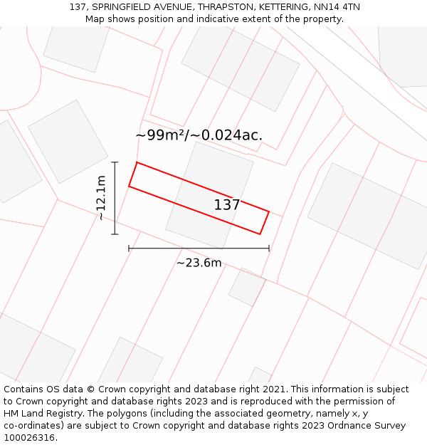 137, SPRINGFIELD AVENUE, THRAPSTON, KETTERING, NN14 4TN: Plot and title map