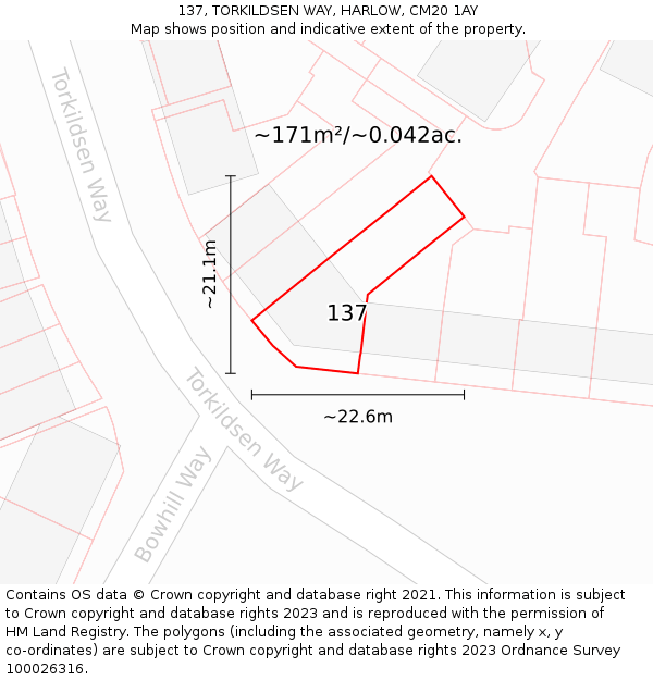 137, TORKILDSEN WAY, HARLOW, CM20 1AY: Plot and title map