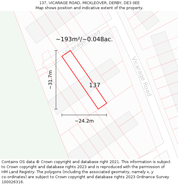 137, VICARAGE ROAD, MICKLEOVER, DERBY, DE3 0EE: Plot and title map