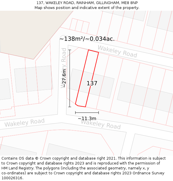 137, WAKELEY ROAD, RAINHAM, GILLINGHAM, ME8 8NP: Plot and title map