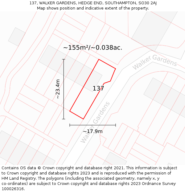 137, WALKER GARDENS, HEDGE END, SOUTHAMPTON, SO30 2AJ: Plot and title map