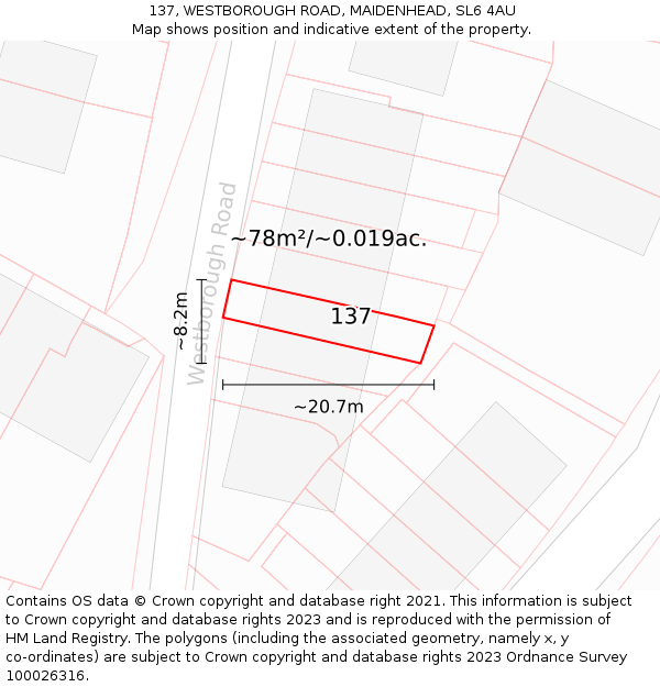 137, WESTBOROUGH ROAD, MAIDENHEAD, SL6 4AU: Plot and title map