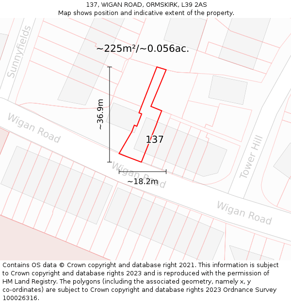 137, WIGAN ROAD, ORMSKIRK, L39 2AS: Plot and title map