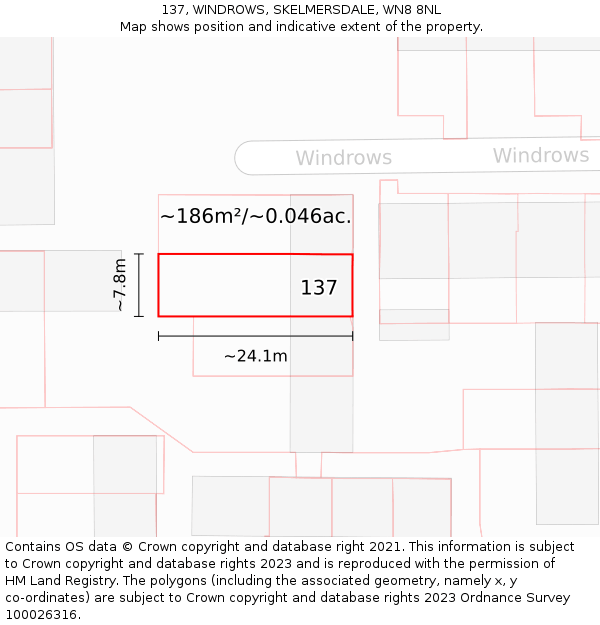 137, WINDROWS, SKELMERSDALE, WN8 8NL: Plot and title map