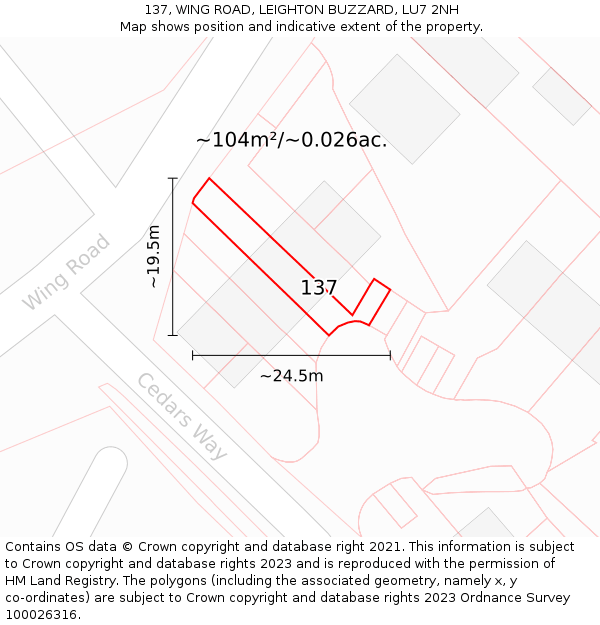 137, WING ROAD, LEIGHTON BUZZARD, LU7 2NH: Plot and title map