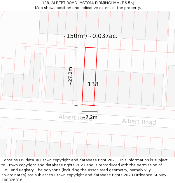 138, ALBERT ROAD, ASTON, BIRMINGHAM, B6 5NJ: Plot and title map