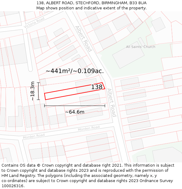 138, ALBERT ROAD, STECHFORD, BIRMINGHAM, B33 8UA: Plot and title map
