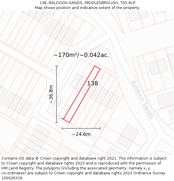 138, BALDOON SANDS, MIDDLESBROUGH, TS5 8UF: Plot and title map