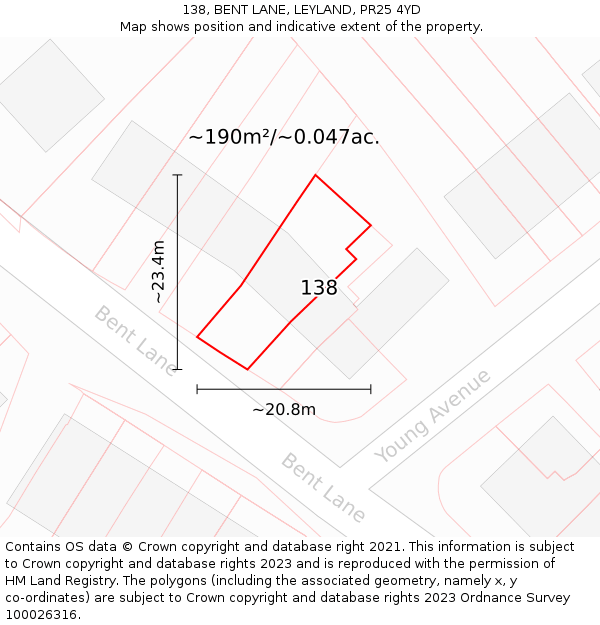 138, BENT LANE, LEYLAND, PR25 4YD: Plot and title map