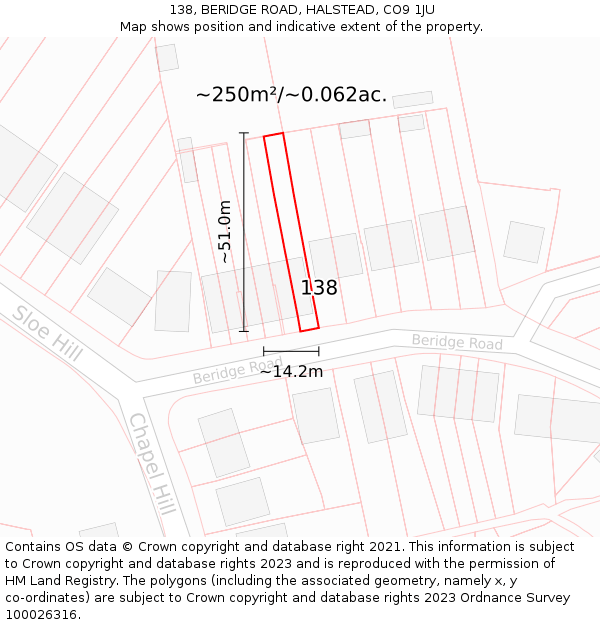 138, BERIDGE ROAD, HALSTEAD, CO9 1JU: Plot and title map