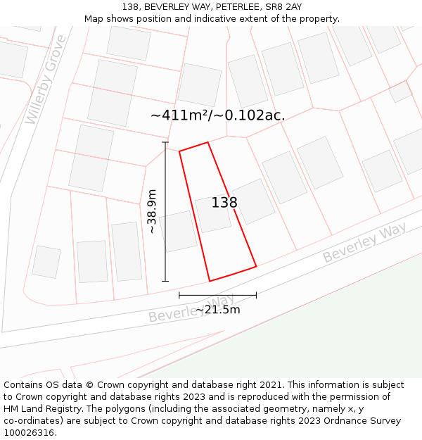 138, BEVERLEY WAY, PETERLEE, SR8 2AY: Plot and title map