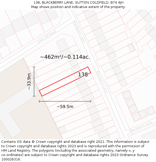138, BLACKBERRY LANE, SUTTON COLDFIELD, B74 4JH: Plot and title map