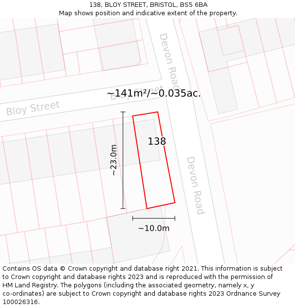 138, BLOY STREET, BRISTOL, BS5 6BA: Plot and title map