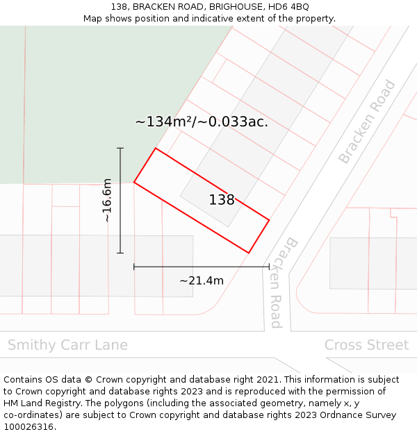 138, BRACKEN ROAD, BRIGHOUSE, HD6 4BQ: Plot and title map