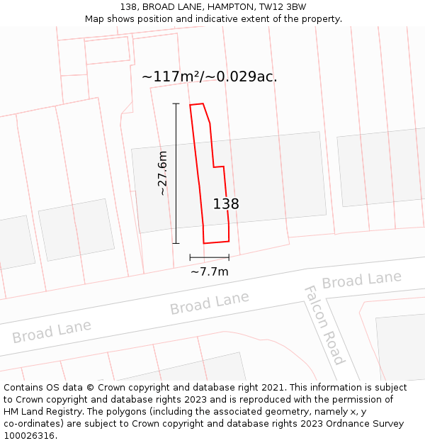 138, BROAD LANE, HAMPTON, TW12 3BW: Plot and title map