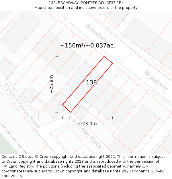 138, BROADWAY, PONTYPRIDD, CF37 1BH: Plot and title map