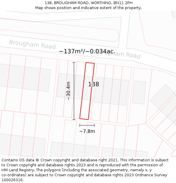 138, BROUGHAM ROAD, WORTHING, BN11 2PH: Plot and title map