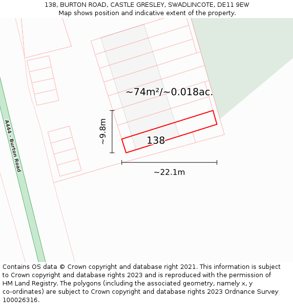 138, BURTON ROAD, CASTLE GRESLEY, SWADLINCOTE, DE11 9EW: Plot and title map