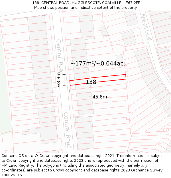 138, CENTRAL ROAD, HUGGLESCOTE, COALVILLE, LE67 2FF: Plot and title map