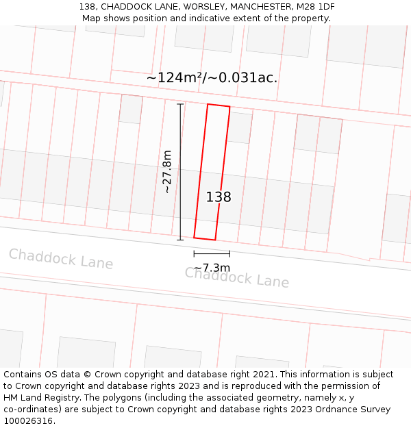 138, CHADDOCK LANE, WORSLEY, MANCHESTER, M28 1DF: Plot and title map