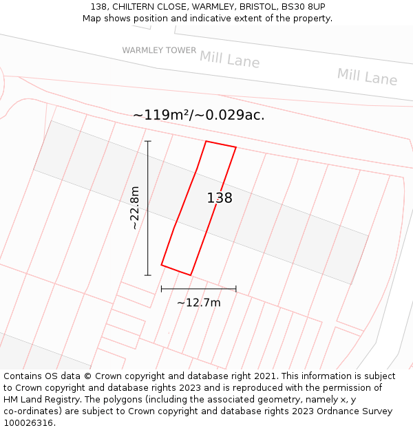 138, CHILTERN CLOSE, WARMLEY, BRISTOL, BS30 8UP: Plot and title map