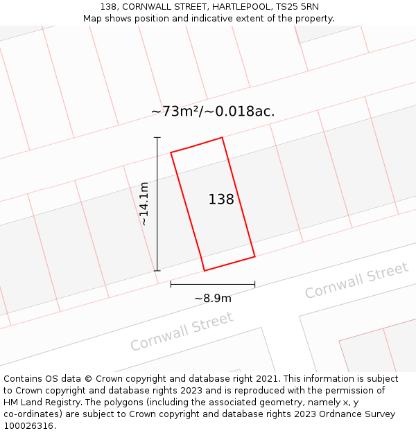 138, CORNWALL STREET, HARTLEPOOL, TS25 5RN: Plot and title map