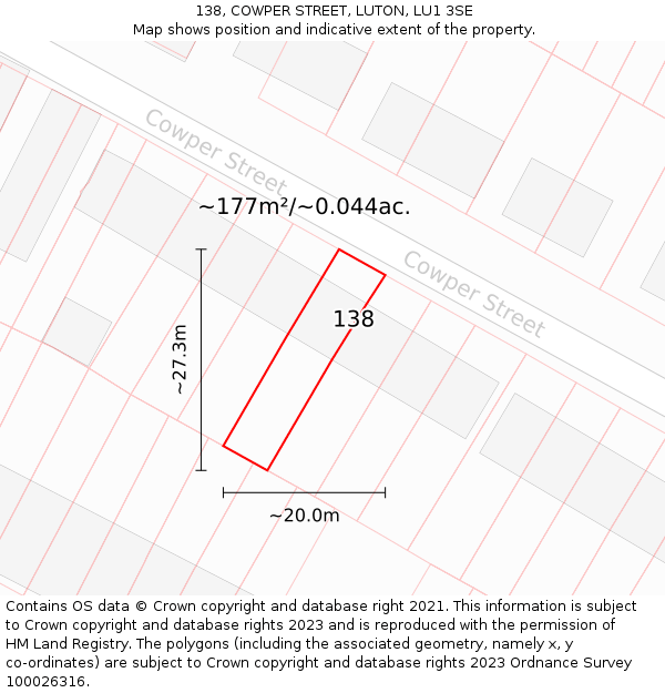 138, COWPER STREET, LUTON, LU1 3SE: Plot and title map