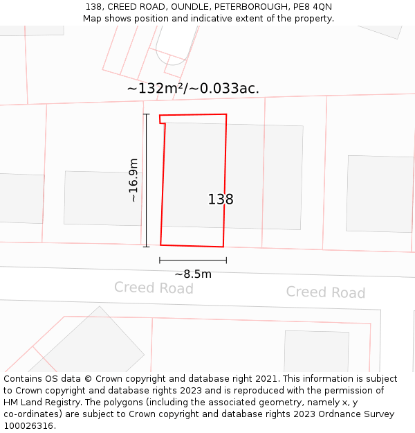 138, CREED ROAD, OUNDLE, PETERBOROUGH, PE8 4QN: Plot and title map