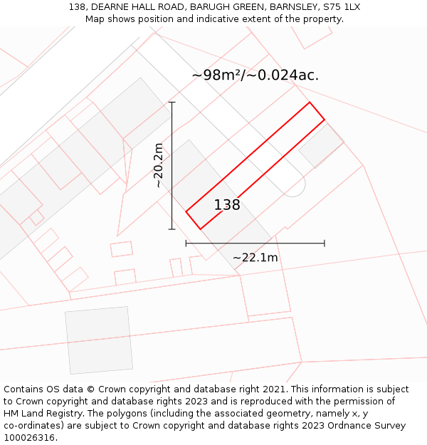 138, DEARNE HALL ROAD, BARUGH GREEN, BARNSLEY, S75 1LX: Plot and title map
