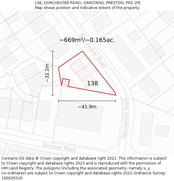 138, DORCHESTER ROAD, GARSTANG, PRESTON, PR3 1FE: Plot and title map